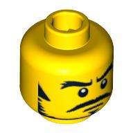Lego Minifig Head Samurai Warrior, Thick Eyebrows, Sideburns, Goatee, Moustache and White Pupils Print [Blocked Open Stud] / Yellow