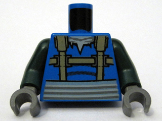 Lego Torso Dark Tan Straps over Torn Shirt, Light Bluish Gray Belt and Ponytail on Back Pattern (SW Turk Falso) / Dark Green Arms / Dark Bluish Gray Hands
