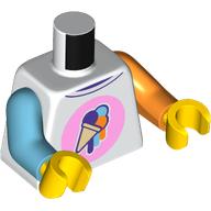 Lego Torso, Ice Cream On Bright Pink Circle, Dark Purple Collar print, Odd Arms, Left Orange Arm, Right Medium Azure Arm, Yellow Hands / White