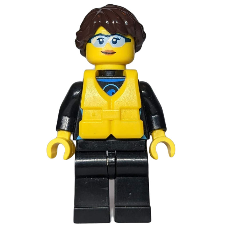 Lego Woman, Black Wetsuit, Dark Brown Hair, Yellow Life Vest, Safety Glasses