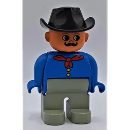 Duplo Figure, Early, Cowboy Hat Black, Light Gray Legs, Red Neckerchief, Moustache Print / Blue