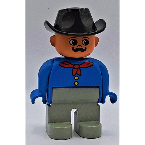 Lego Duplo Figure, Early, Cowboy Hat Black, Light Gray Legs, Red Neckerchief, Moustache Print / Blue