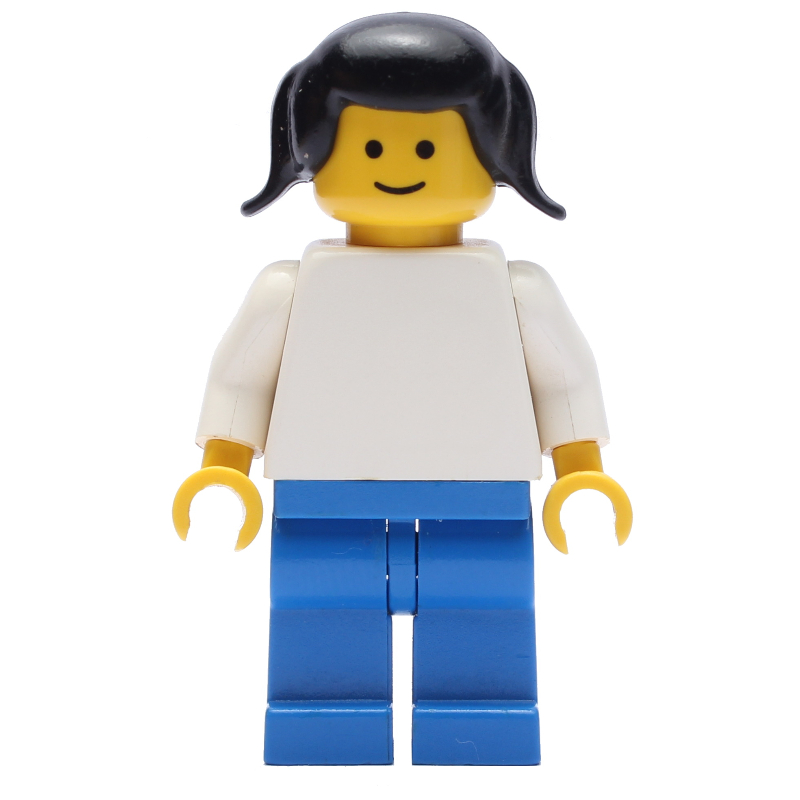 Lego Female, Plain White Torso and Blue Legs, Black Pigtails Hair