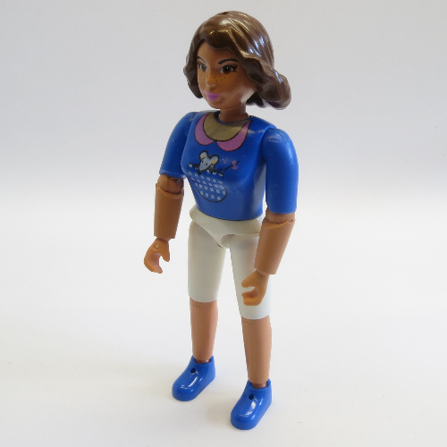 Lego Belville Figure Articulated Elbows, Female, Brown Hair, Blue Top with Check Pattern Pocket with Mouse Print / [No Color/Any Color]