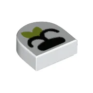 Tile Round 1 x 1 Half Circle with Black Snout, Leaf Print / White