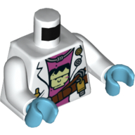 Lego Torso Lab Coat, Reddish Brown Belt, Thumb Drive, Dark Pink Shirt with Head Print, White Arms, Medium Azure Hands / White