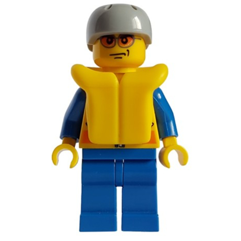 Lego Coast Guard, Yellow Jacket with Zipper, Radio and Badge, Light Bluish Gray Helmet, Yellow Life Vest, Orange Sunglasses