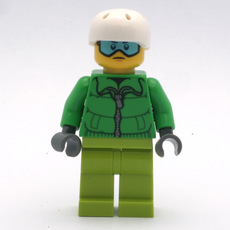 Lego Man, Green Jacket, Lime Legs, White Helmet, Blue Goggles