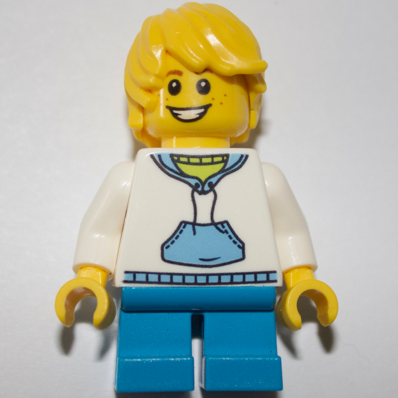 Lego Kid, White Torso, Dark Azure Legs, Yellow Hair