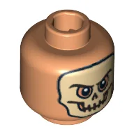Minifig Head Cemetery Warrior, Dual Sided, Skull Mask / Arched Eyebrows and White Pupils Print [Blocked Open Stud] / Nougat