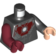 Lego Torso, Odd Arms and Hands, Armor with Dark Red Chestplate, White/Light Blue Circle (Arc Reactor) Print (Iron Man), Left Black Arm and Light Nougat Hand, Right Dark Red Arm and Hand / Black