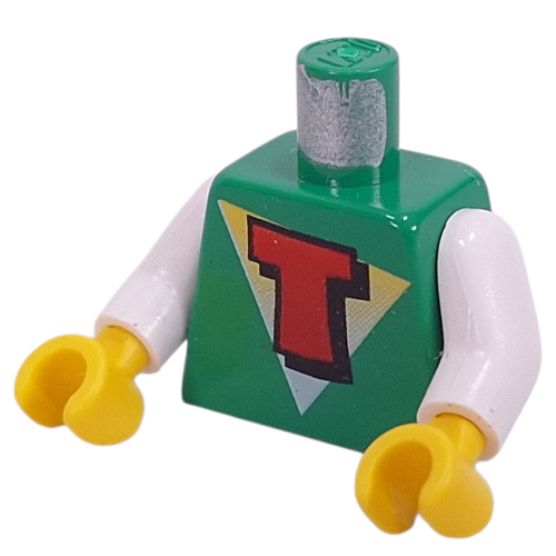 Lego Torso White and Yellow Triangle and Red 'T' Print (Freestyle Timmy), White Arms, Yellow Hands / Green
