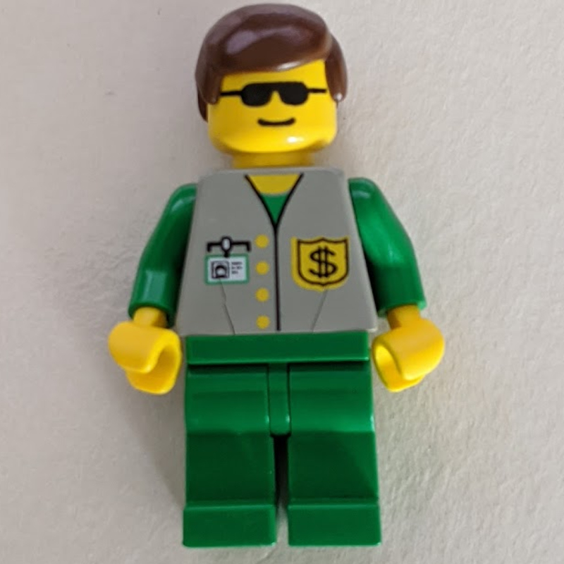 Lego Bank Employee - Gray Vest, Green Legs, Sunglasses