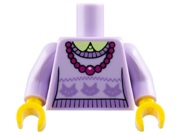 Lego Torso Knit Sweater with Medium Lavender Cat Heads over Yellowish Green Shirt with Collar, Necklace with Magenta Beads Pattern / Lavender Arms / Yellow Hands