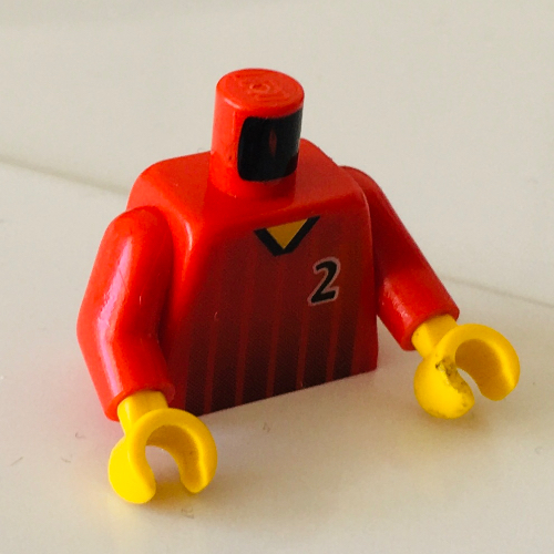 Lego Torso Soccer Shirt, Black Fading Stripes and '5' Front and Back Print, Red Arms, Yellow Hands / Red