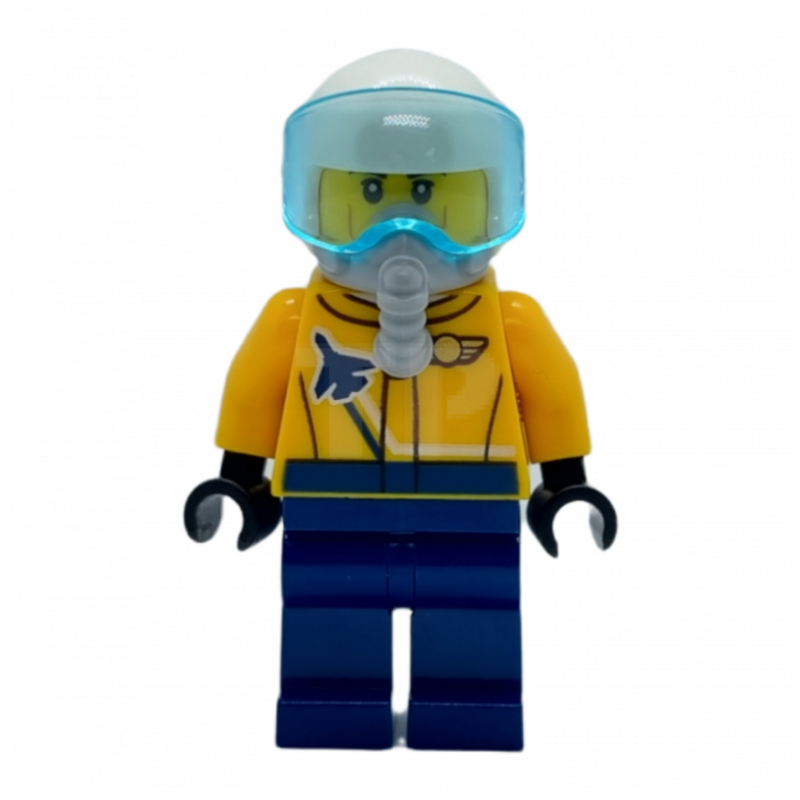 Lego Pilot, Orange Jacket, Dark Blue Legs, White Helmet with Visor and Breathing Apparatus