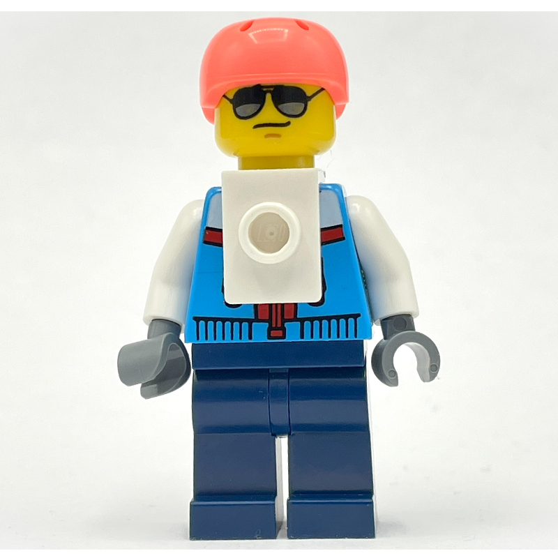 Lego Rock Climber, Dark Azure Jacket, Dark Blue Legs, Coral Helmet, White Neck Bracket