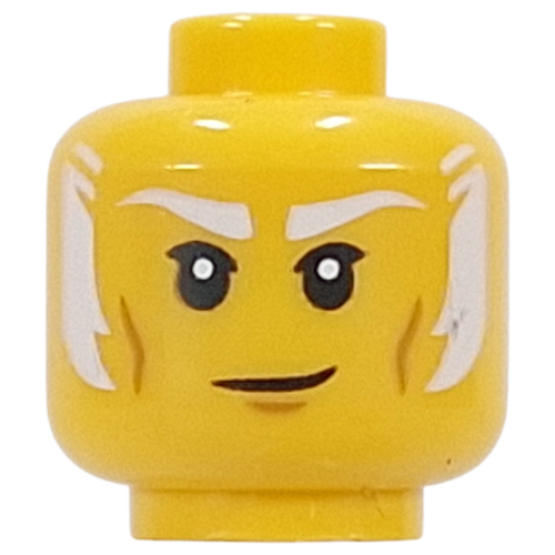 Lego Minifig Head Master Ivo, White Eyebrows, Sideburns, Neutral / Crooked Smile / Yellow