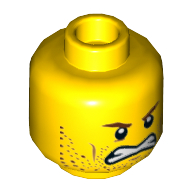 Lego Minifig Head Chainsaw Dave, Reddish Brown Eyebrows, Stoppled Beard, Determined / Angry, Teeth Print [Hollow Stud] / Yellow