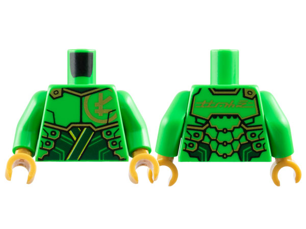 Lego Torso Armor Plates over Dark Green Tunic, Gold Trim and Ninjago Logogram Letter L, 'LLOYD' on Back Pattern / Bright Green Arms / Pearl Gold Hands