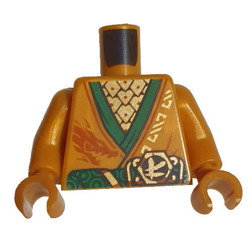 Lego Torso Robe, Green Trim, Belt, Gold Asian Symbol print, Pearl Gold Arms and Hands / Pearl Gold