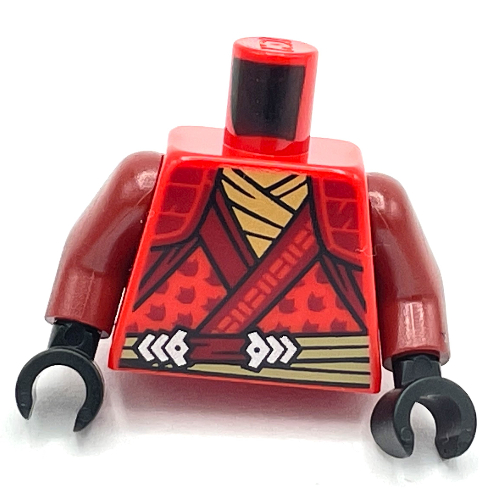 Lego Torso Robe, Dark Red Trim, Tan Belt print, Dark Red Arms, Black Hands / Red