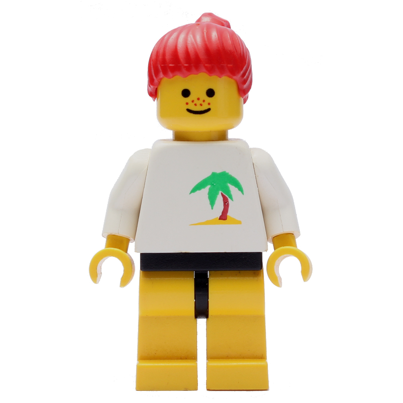 Lego Woman, White Top with Desert Island, Yellow Legs, Red Hair