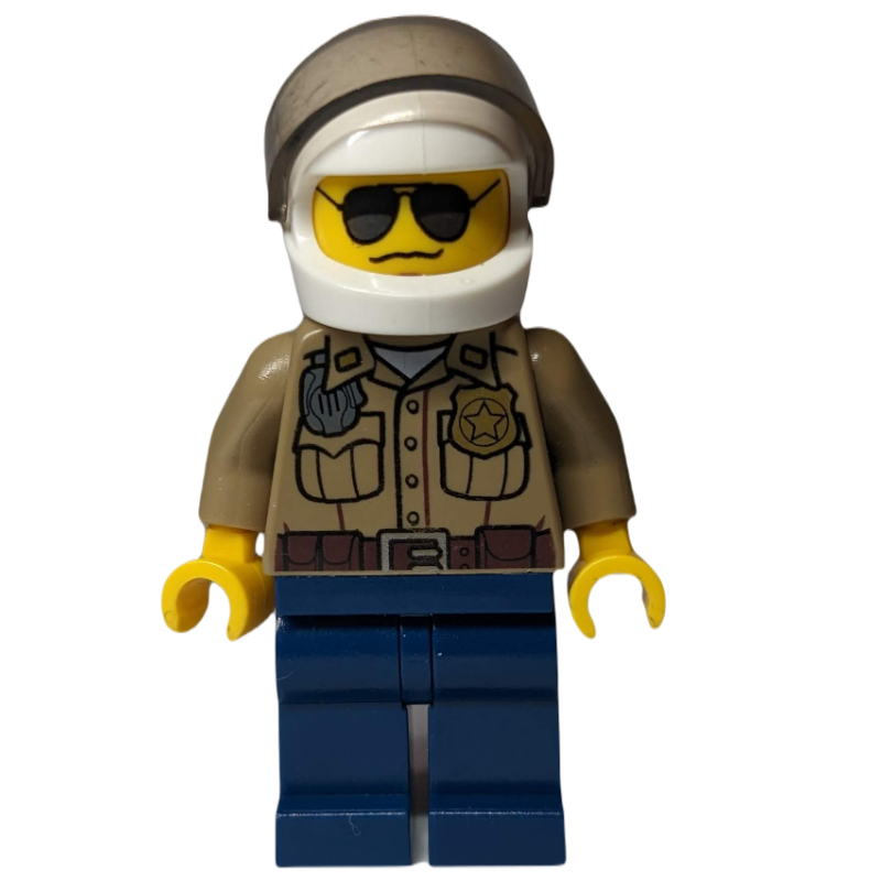 Lego Forest Police / Ranger, Dark Tan Shirt with Radio and Badge, Dark Blue Legs, White Helmet with Visor, Sunglasses, 3626c Head