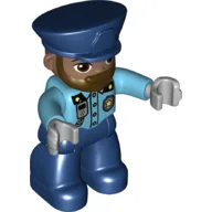Duplo Figure with Police Style Hat Dark Blue, with Dark Blue Legs, Dark Brown Beard, Shirt with Police Badge and Radio Print / Medium Azure