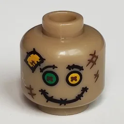 Minifig Head Scarecrow, Yellow and Green Buttons for Eyes, Stitched Mouth Print / Dark Tan