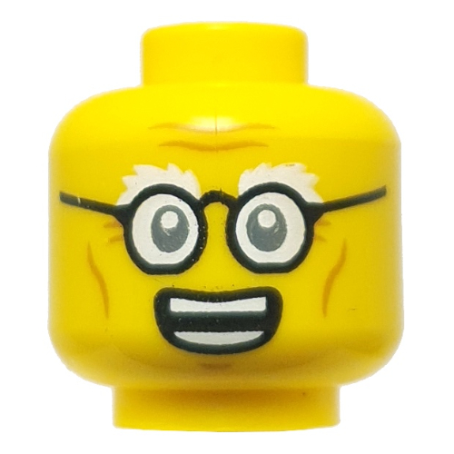 Lego Minifig Head Dr. Julien, White Eyebrows, Black Glasses, Open Mouth Smile / Scared / Yellow
