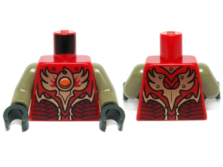 Lego Torso Vest with Dark Red and Gold Armor with Scales and Orange Round Jewel (Fire Chi) Pattern / Olive Green Arms / Dark Green Hands