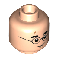 Lego Minifig Head Harry Potter, Glasses, Eyebrows, Dark Orange Lightning Scar, Smirk / Scared Print / Light Nougat