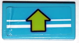 Tile 1 x 2 with 2 White Stripes and Lime Arrow with Black Outline Pattern (Sticker) - Set 41338 / Medium Azure