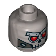 Minifig Head Robo Skeleton, Skull with Red Eyes, Metal Eyebrows with Rivets and Metal Jaw with Screws Print [Hollow Stud] / Flat Silver