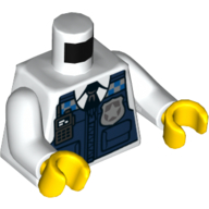 Lego Torso Vest, Dark Blue with Radio and Police Badge over Shirt and Tie Print, White Arms, Yellow Hands / White