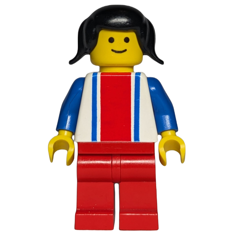 Lego Woman, White Top with Large Red Stripe and 2 Blue Stripes, Red Legs, Black Hair