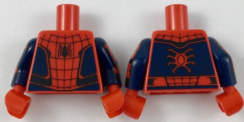 Lego Torso Spider-Man Costume 9 Dark Blue, Small Spider with Wide Abdomen Pattern / Dark Blue Arms with Black and Red Webbing, Chevron Pattern / Red Hands