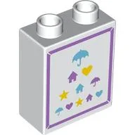 Duplo Brick 1 x 2 x 2 with Medium Lavender Border, Medium Azure/Lavender/Yellow Umbrellas, Houses, Hearts, Stars Print / White
