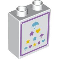 Lego Duplo Brick 1 x 2 x 2 with Medium Lavender Border, Medium Azure/Lavender/Yellow Umbrellas, Houses, Hearts, Stars print / White