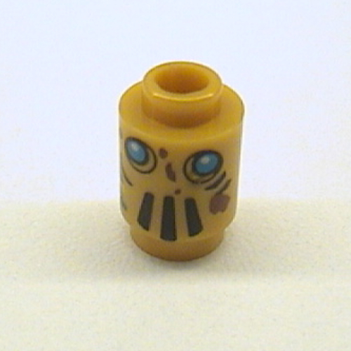 Lego Brick Round 1 x 1 Open Stud with Robot Face with Blue Eyes, Black Vents and Brown Splotches Print (Tai-d) / Pearl Gold