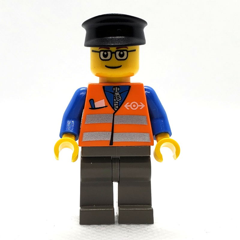 Lego Train Worker, Orange Safety Vest with Train Logo, Dark Bluish Gray Legs, Black Hat, Glasses