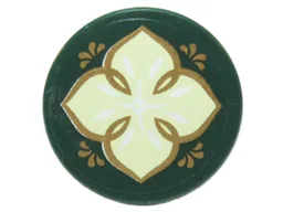 Tile, Round 2 x 2 with Bottom Stud Holder with Light Green Leaf with Four Petals and Gold Edges on Transparent Background Pattern (Sticker) - Set 41072