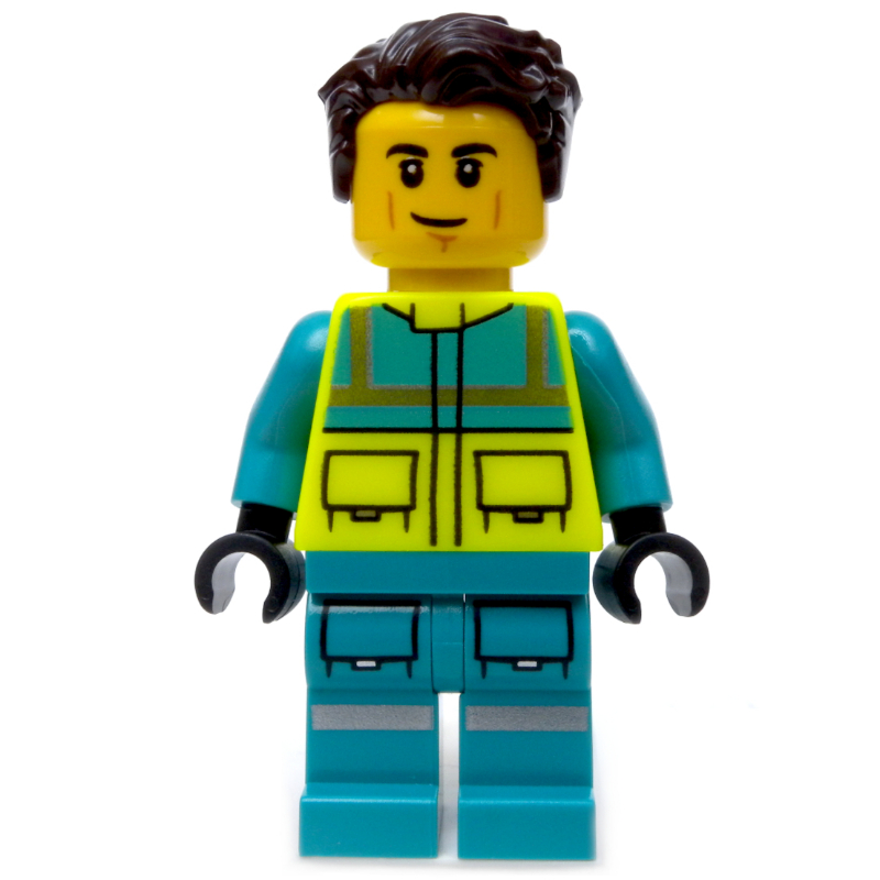 Lego Paramedic, Vibrant Yellow Safety Vest, Dark Turquoise Legs, Dark Brown Hair