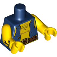 Lego Torso Vest Tattered, Belt, Gold Buckle, Chest Hair Print (Pirate), Yellow Arms and Hands with Anchor Tattoo Print on Right / Dark Blue