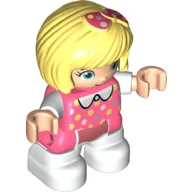 Duplo Figure Child with Bow on Short Bob Hair Bright Light Yellow, with White Legs, White Collar, and Colored Spots Print / Coral