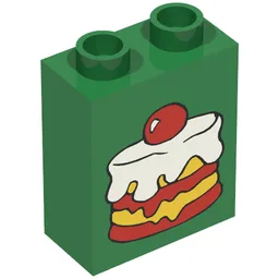 Duplo Brick 1 x 2 x 2 with Cake Topped with a Cherry Print / Green