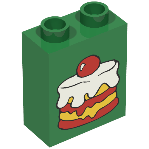 Lego Duplo Brick 1 x 2 x 2 with Cake Topped with a Cherry Print / Green