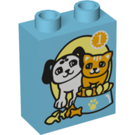 Lego Duplo Brick 1 x 2 x 2 with Dog and Cat with Food Bowl and '1' Print / Medium Azure