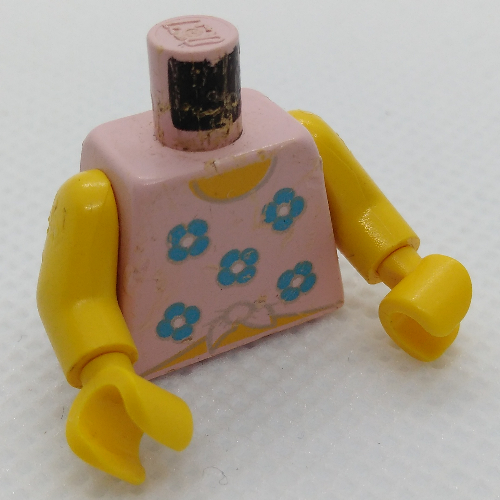 Lego Torso Shirt, Tied at Bottom with Blue Flowers Print, Yellow Arms and Hands / Pink